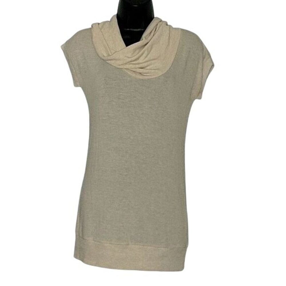 Poof! Womens Beige Cowl Neck Short Sleeve Tunic Top L 60% Cotton